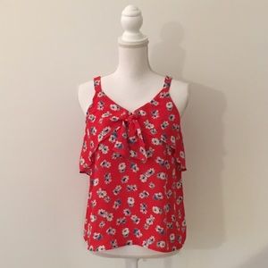 Francesca’s Bright Red Floral Bow Tank Top Blouse
